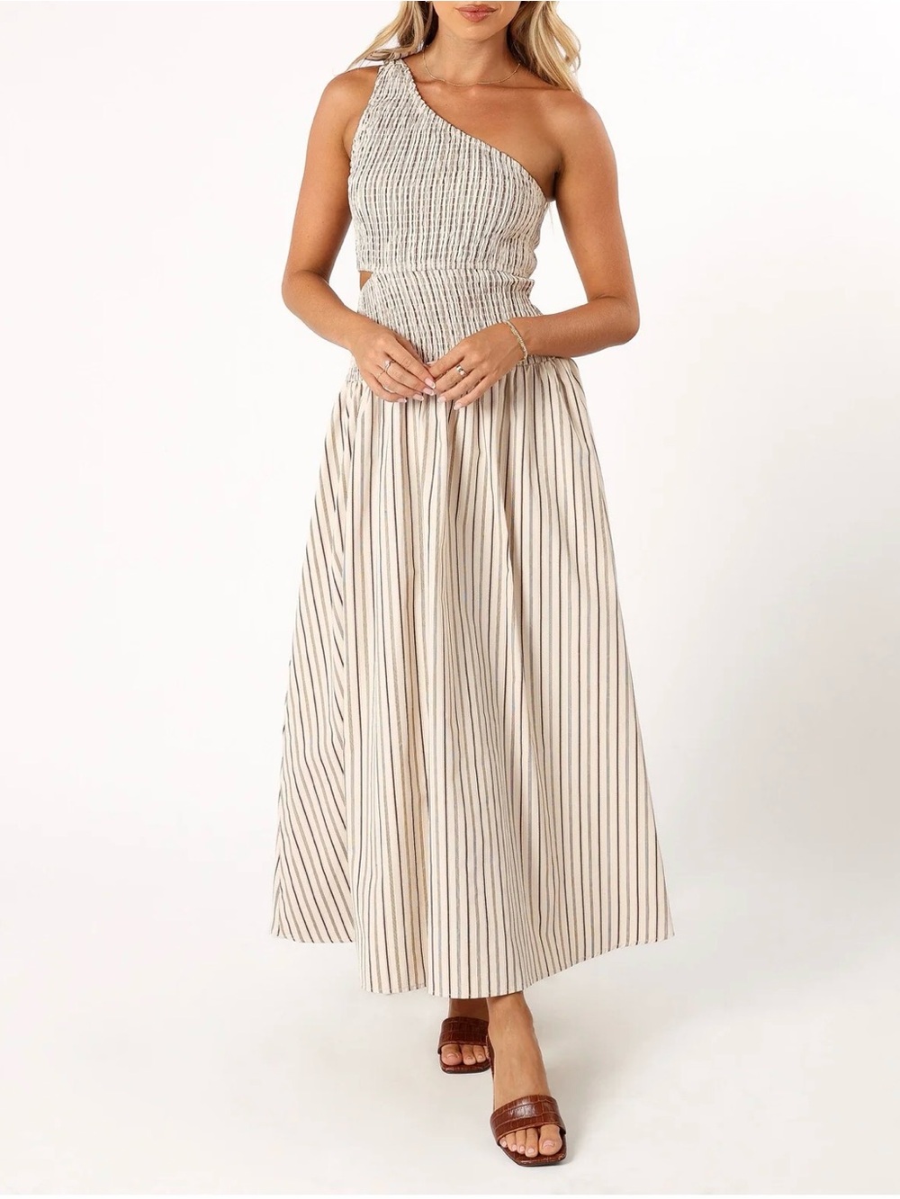 Petal & Pup Jordana One Shoulder Midi Dress Brown Stripe NWOT Sz S (Sold Out)